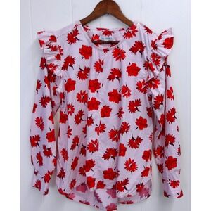 Free Assembly Women's Pink Red Floral Print Ruffle Blouse Top S / #1071